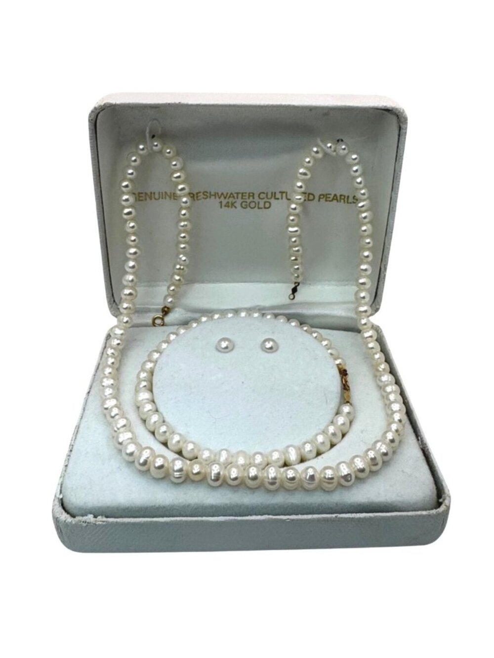 Freshwater Cultured Pearl Jewelry Set 14K Gold Clasp Necklace Bracelet Earrings